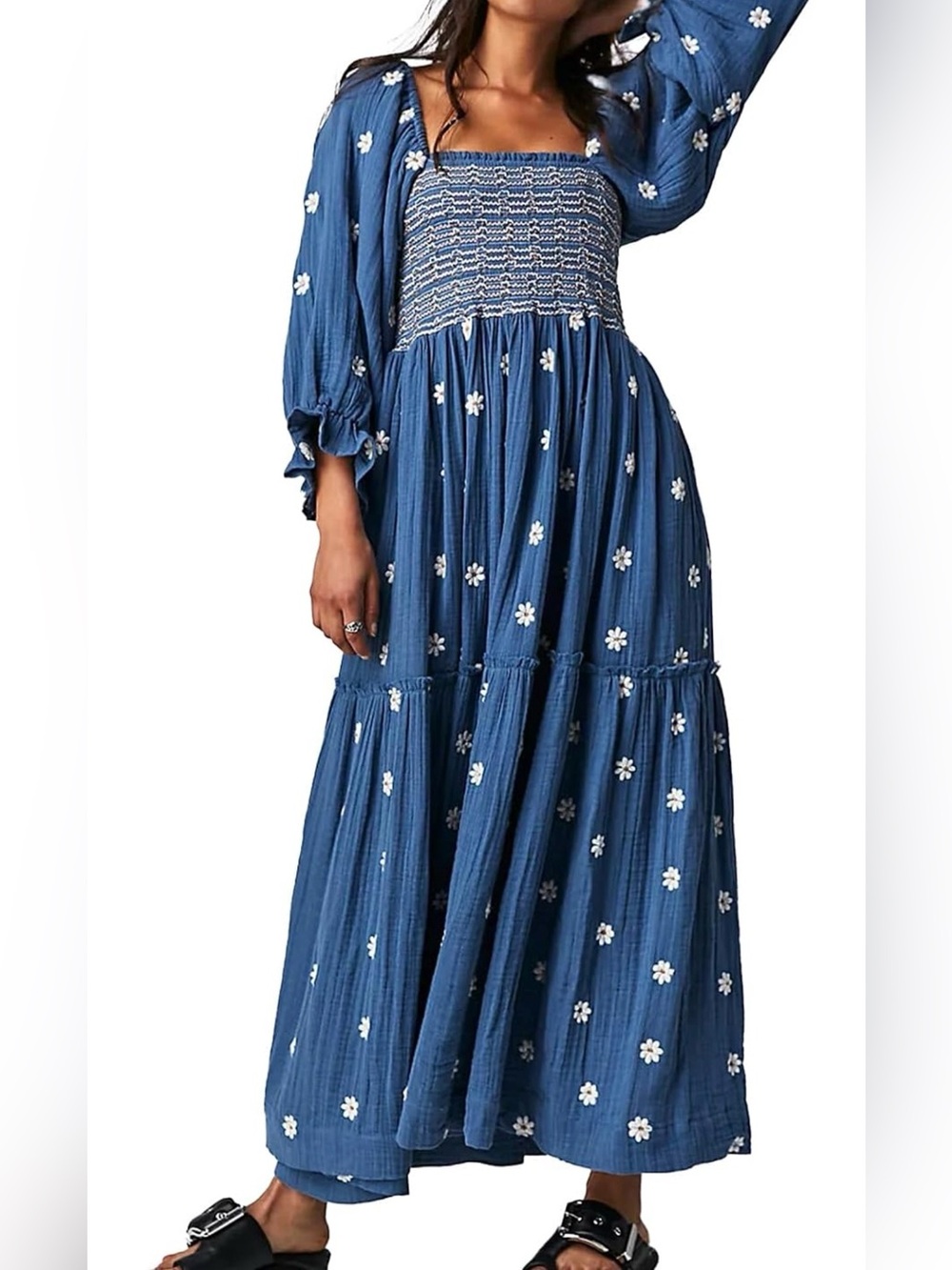 Blue Smocked Maxi Dress with White Floral Embroidery